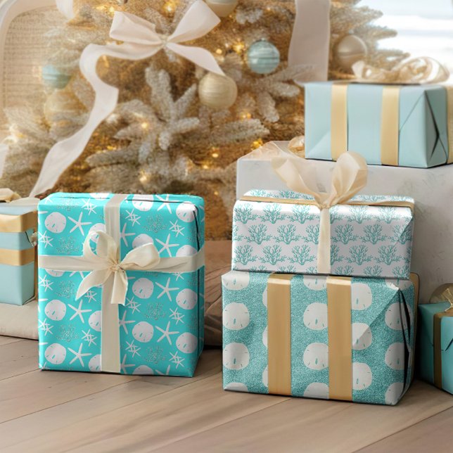 Hoja De Papel De Regalo Navidades del dólar Aqua Blue Starfish Sand (Subido por el creador)