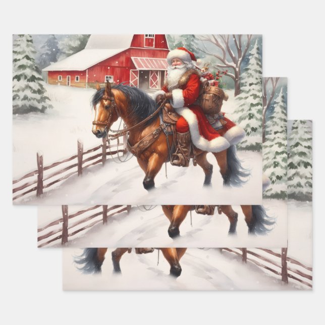 Hoja De Papel De Regalo Navidades del oeste de Santa en Horseback (Set)
