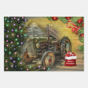 Hoja De Papel De Regalo Navidades del Tractor Verde Vintage
