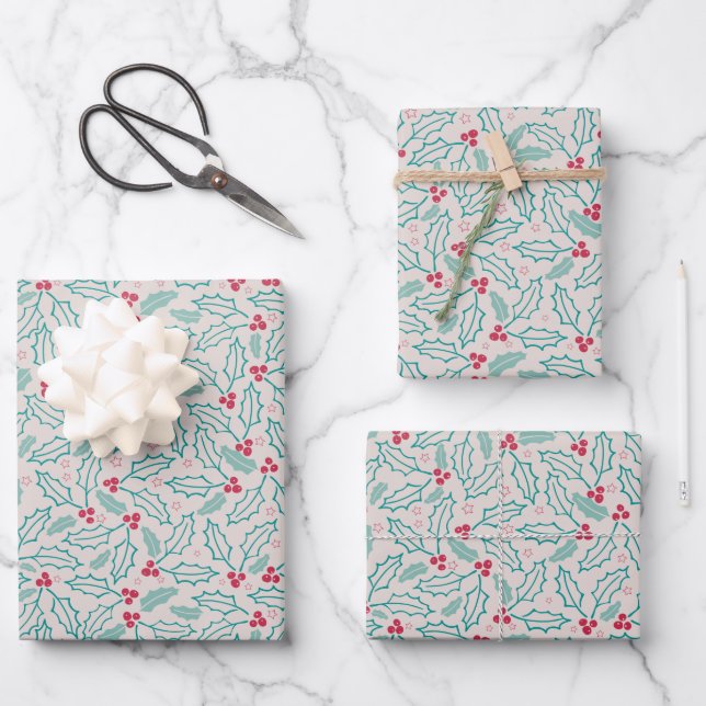 Hoja De Papel De Regalo Navidades dibujados a mano Holly Berries Blanco Ve (Anverso)