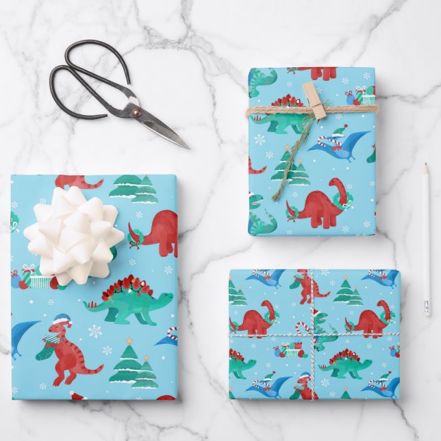 Hoja De Papel De Regalo Navidades Dinosaurios niños divertidos vacaciones  (Anverso)