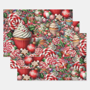 Hoja De Papel De Regalo Navidades divertidos Cupcakes Red Stripe Canes
