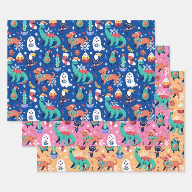 Hoja De Papel De Regalo Navidades divertidos Dinosaurio Perro Perro Aguaca (Set)