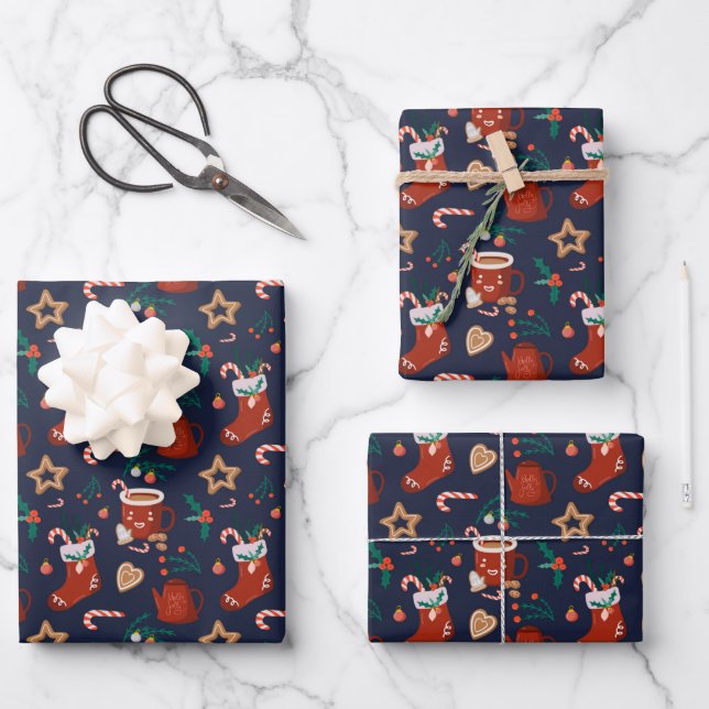 Hoja De Papel De Regalo Navidades divertidos: medias y tratamientos (Anverso)