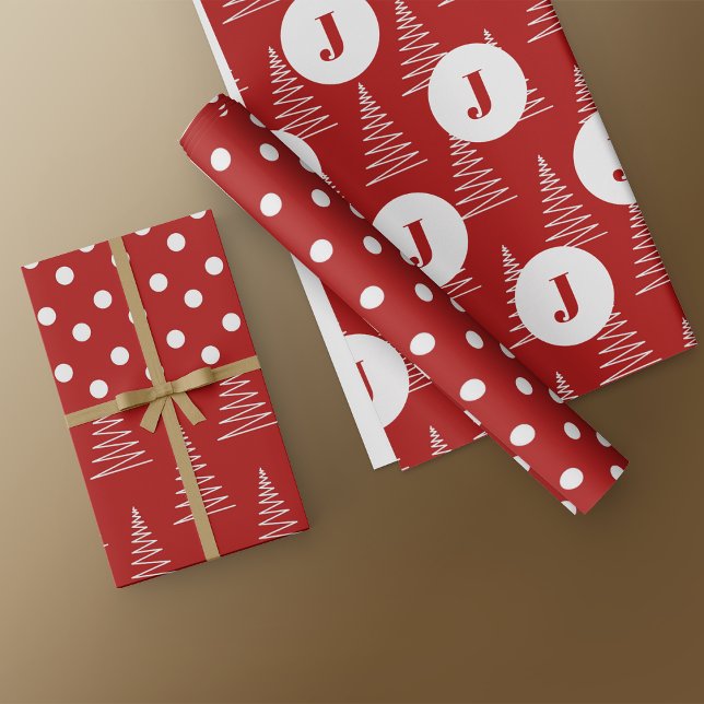 Hoja De Papel De Regalo Navidades Dots & Trees Personalizado Monograma Roj (Subido por el creador)