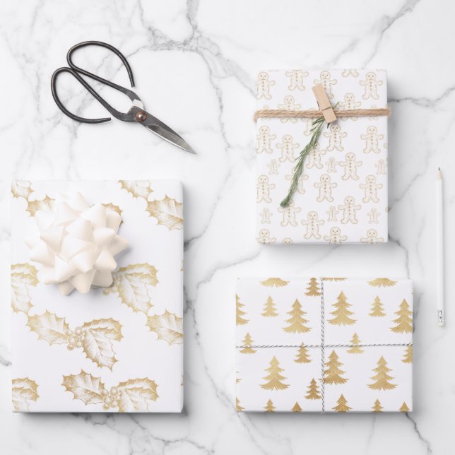 Hoja De Papel De Regalo Navidades elegantes de oro y blanco (Anverso)
