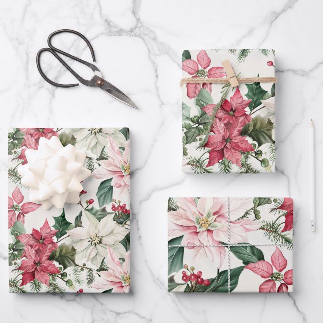 Hoja De Papel De Regalo Navidades elegantes de Poinsettias Rosa (Anverso)