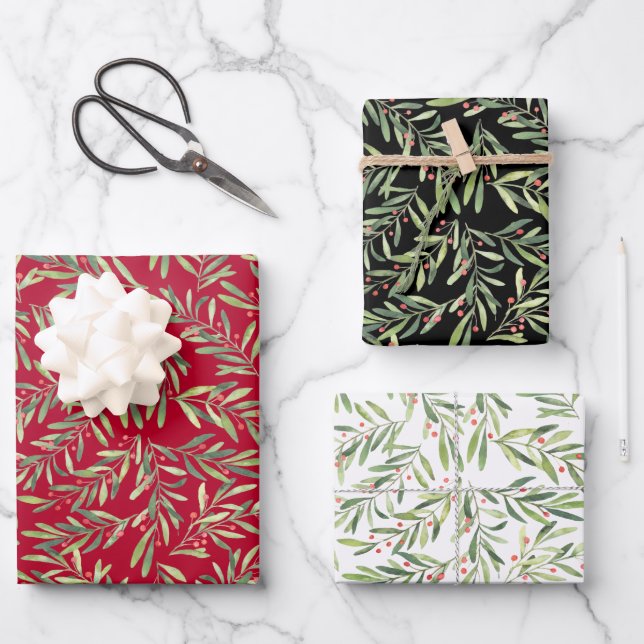 Hoja De Papel De Regalo Navidades elegantes ramas y bayas (Anverso)