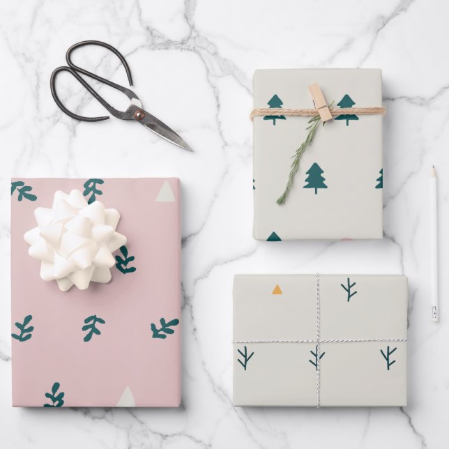 Hoja De Papel De Regalo Navidades escandinavos brillantes rosados botánico (Anverso)