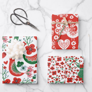 Hoja De Papel De Regalo Navidades escandinavos Patrón con flores y pájaros