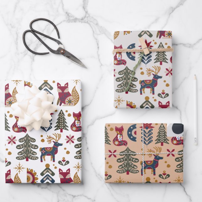 Hoja De Papel De Regalo Navidades escandinavos renos Woodland Animals (Anverso)