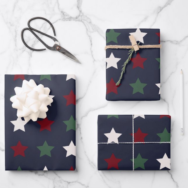 Hoja De Papel De Regalo Navidades Estrellas Patrón Blanco Azul (Anverso)