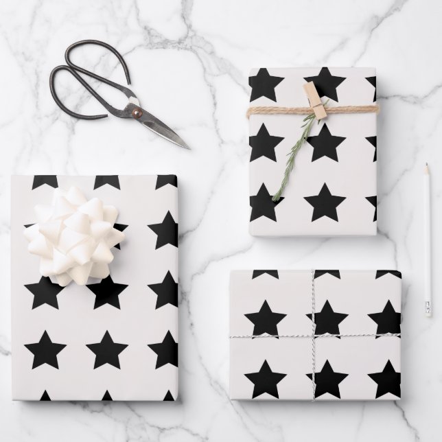 Hoja De Papel De Regalo Navidades Estrellas Patrón Blanco Negro (Anverso)