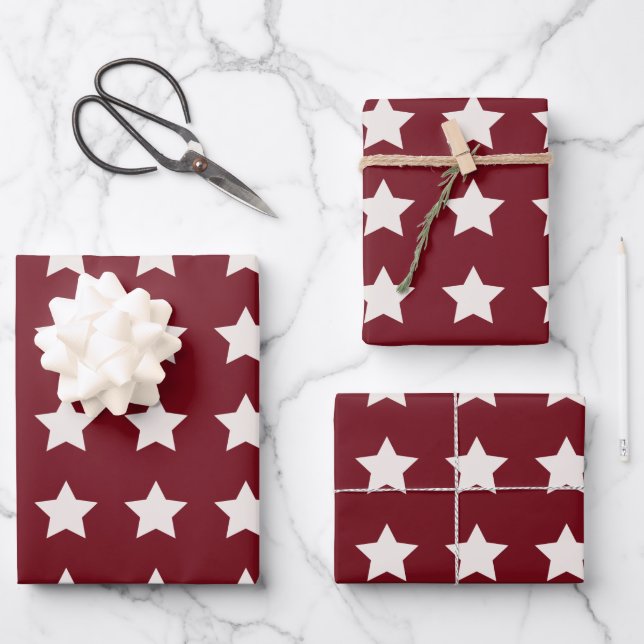 Hoja De Papel De Regalo Navidades Estrellas Patrón Blanco Rojo (Anverso)