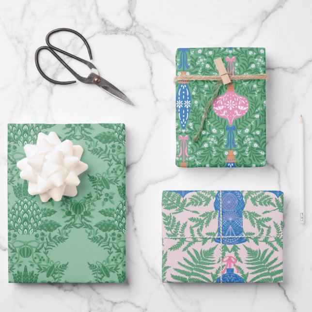 Hoja De Papel De Regalo Navidades festivos Patrón rosa y verde (Anverso)