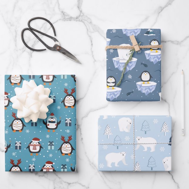 Hoja De Papel De Regalo Navidades festivos pingüinos y osos enlosados (Anverso)