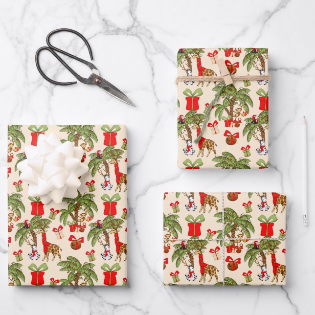 Hoja De Papel De Regalo Navidades fiestas de animales de la jungla con azu (Anverso)