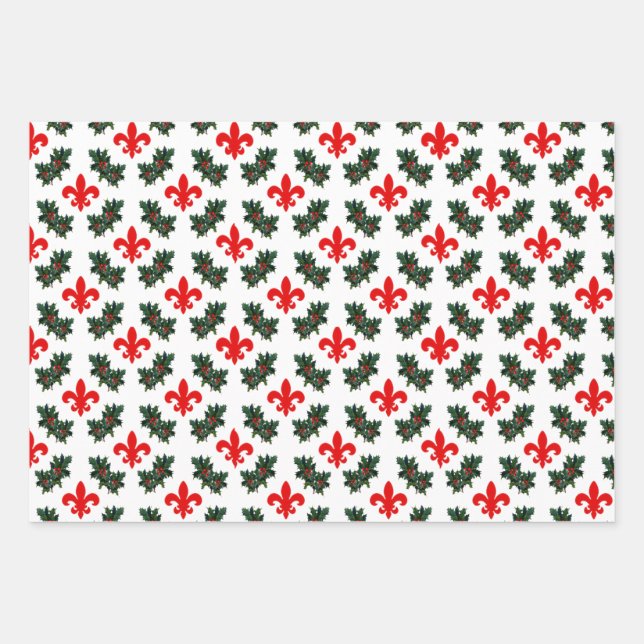 Hoja De Papel De Regalo Navidades Fleur de Lis y Holly (Anverso)