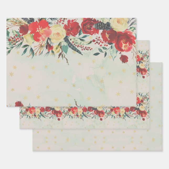 Hoja De Papel De Regalo Navidades Flores y estrellas en azul (Set)