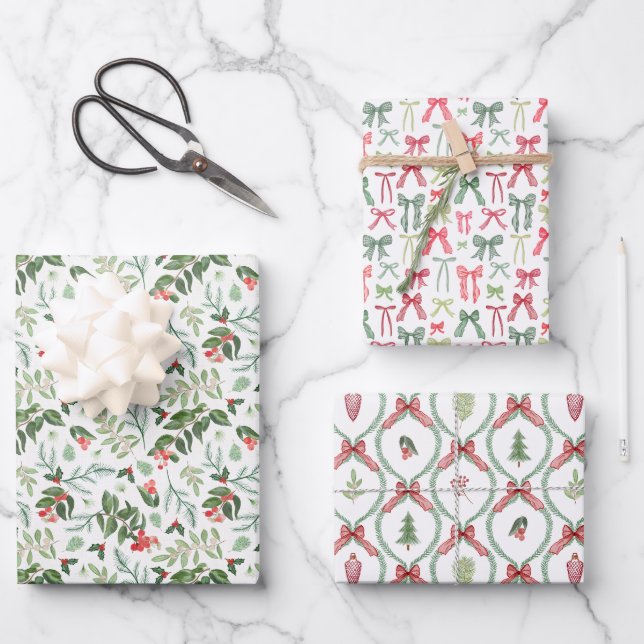 Hoja De Papel De Regalo Navidades follaje enrejado y arado en rojo y verde (Anverso)