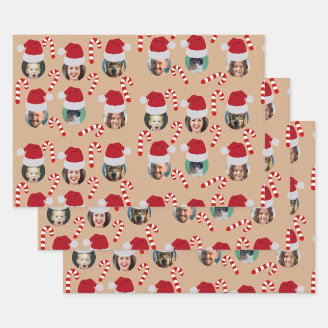 Hoja De Papel De Regalo Navidades Funny Family Photo Santa Hats Kraft (Set)