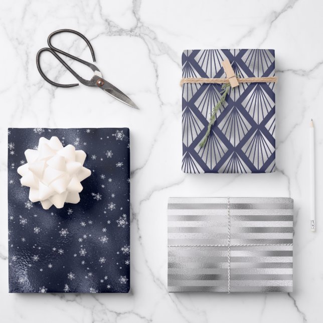 Hoja De Papel De Regalo Navidades Glam Patrón Snowflake Marina Plata Azul (Anverso)