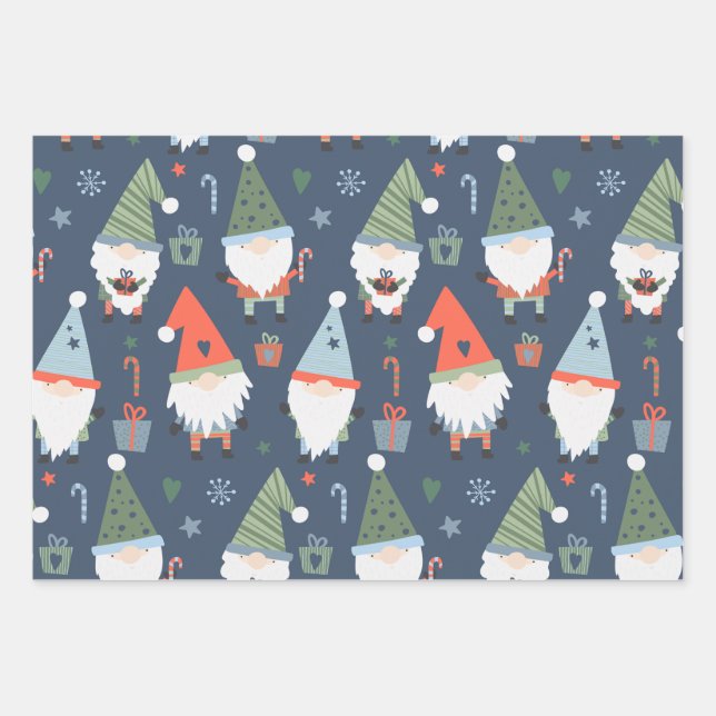 Hoja De Papel De Regalo Navidades Gnomes Santa Claus Blue Green Whimsical (Anverso)