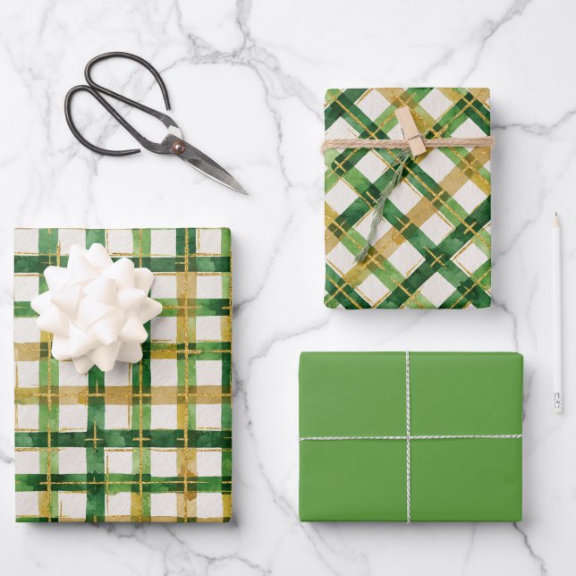 Hoja De Papel De Regalo Navidades Gold Green Plaid (Anverso)