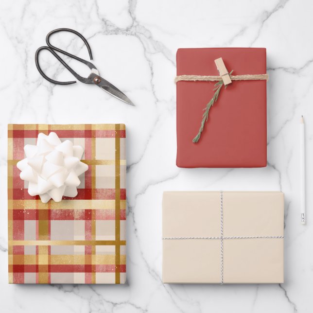 Hoja De Papel De Regalo Navidades Gold Red Plaid (Anverso)