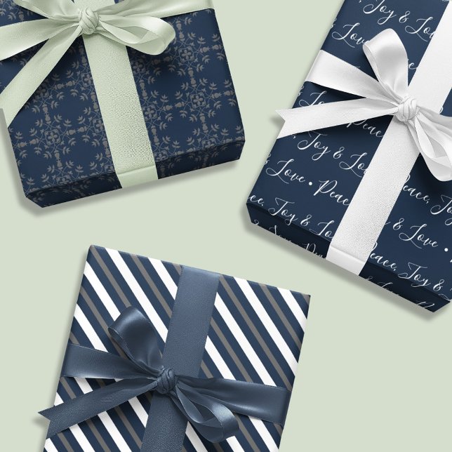 Hoja De Papel De Regalo Navidades Holiday Elegant Classic Navy Blue (Christmas elegant blue silver snowflake pattern, striped, and typography script.)