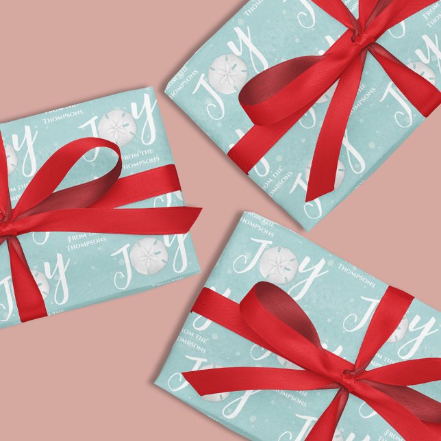 Hoja De Papel De Regalo Navidades Holiday Joy Beach Costa Turquesa (Christmas Joy typography turquoise wrapping paper with sand dollars.)
