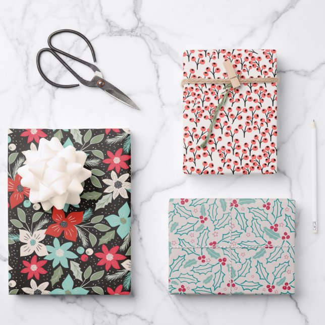 Hoja De Papel De Regalo Navidades Holly Berries Paquete Flor: Rojo Verde (Anverso)