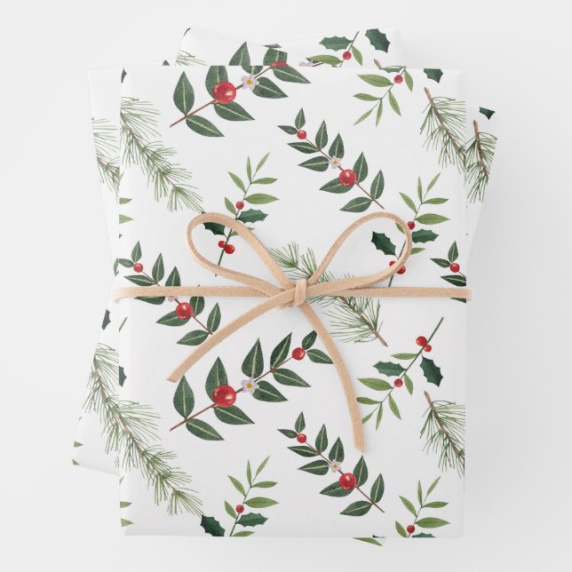 Hoja De Papel De Regalo Navidades Holly Berry y Pine Branches White (In situ)