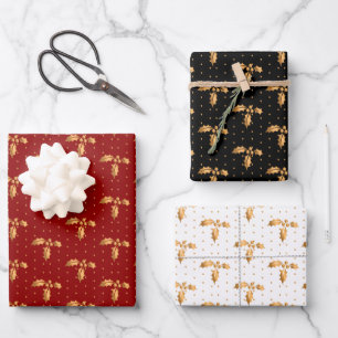 Hoja De Papel De Regalo Navidades Holly en rojo, negro y blanco