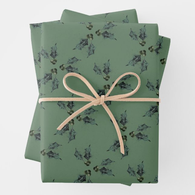 Hoja De Papel De Regalo Navidades holly sketch vacaciones verde (In situ)