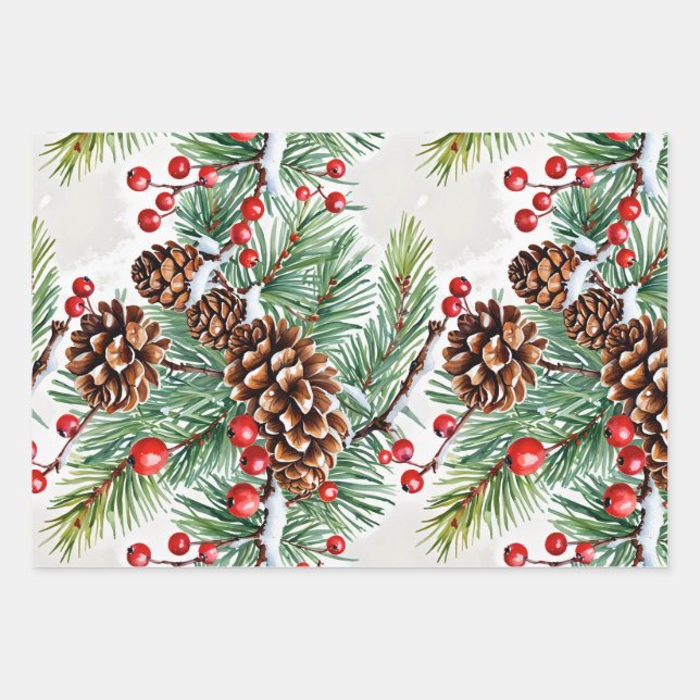 Hoja De Papel De Regalo Navidades Holly y Pinecones (Anverso)