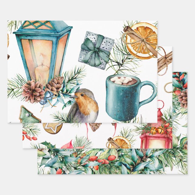 Hoja De Papel De Regalo Navidades Linternas de Invierno Holly 3 diseños (Set)
