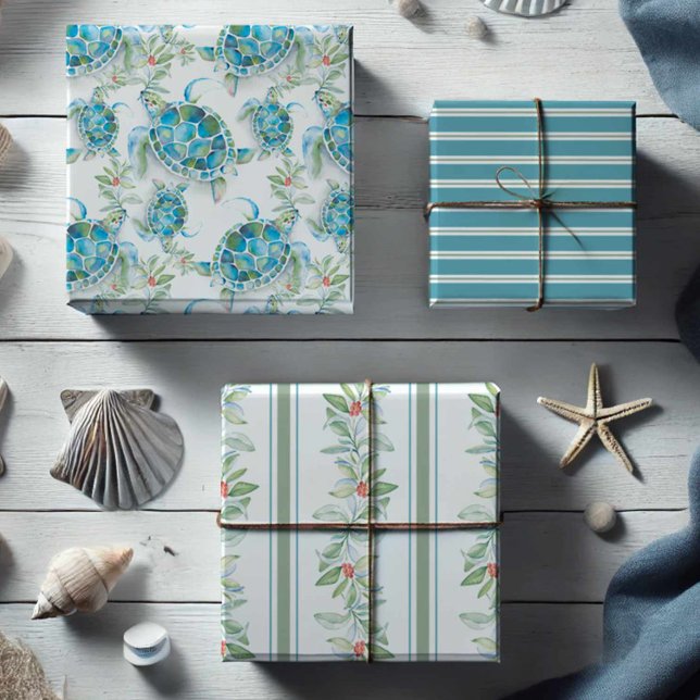 Hoja De Papel De Regalo Navidades Marítima Turtle & Botanical Leaves Acuar (Beach Christmas wrapping paper watercolor sea turtle and botanical art by Victoria Grigaliunas)