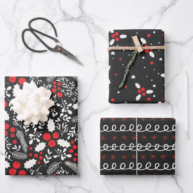 Hoja De Papel De Regalo Navidades Mistletoe de Red White Black Holly Berri (Anverso)