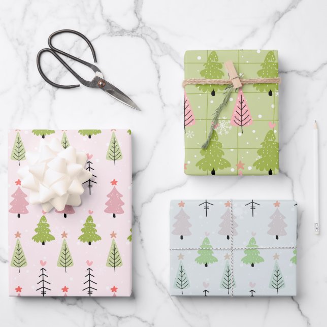 Hoja De Papel De Regalo Navidades modernos de árboles navideños y copos de (Anverso)