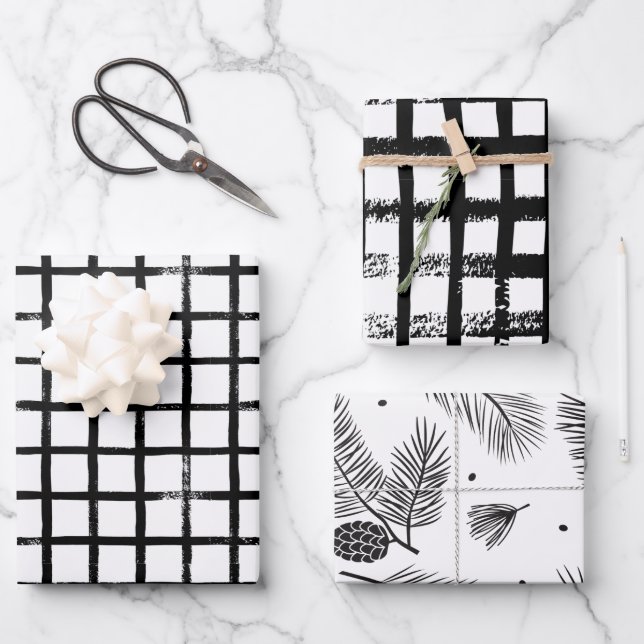 Hoja De Papel De Regalo Navidades modernos de pincel blanco y negro envuel (Anverso)