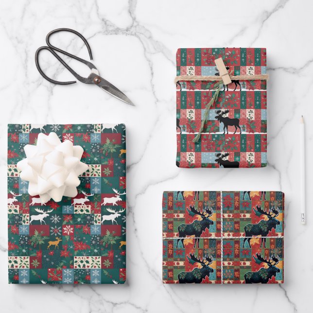 Hoja De Papel De Regalo Navidades Moose Patchwork Plaid (Anverso)