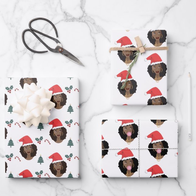 Hoja De Papel De Regalo Navidades, mujeres negras con sombreros rojos (Anverso)