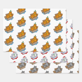 Hoja De Papel De Regalo Navidades naranjas, blancos y grises y gato de cum