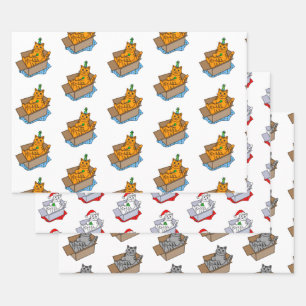 Hoja De Papel De Regalo Navidades naranjas, blancos y grises y gato de cum