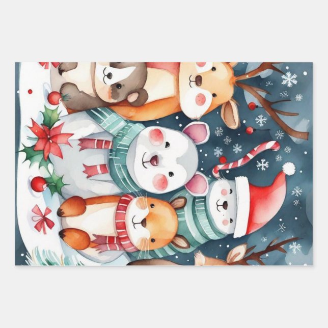 Hoja De Papel De Regalo Navidades Navidades temáticos lindos animales (Anverso)