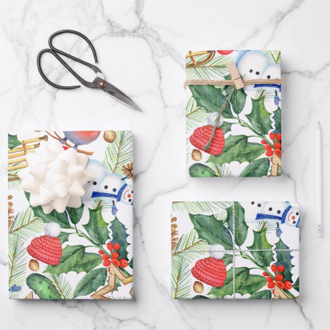 Hoja De Papel De Regalo Navidades navideños navideños Snowman, piñones, Ho (Anverso)