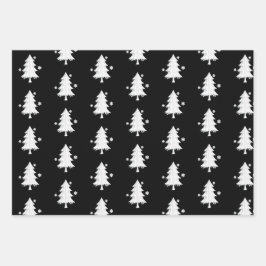 Hoja De Papel De Regalo Navidades negros, blancos, árboles, copos de nieve