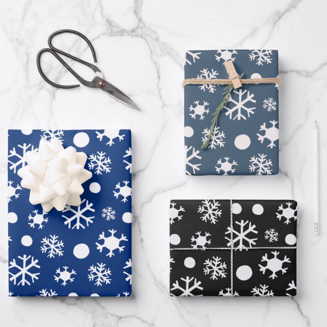Hoja De Papel De Regalo Navidades negros y azules modernos con copos de ni (Anverso)