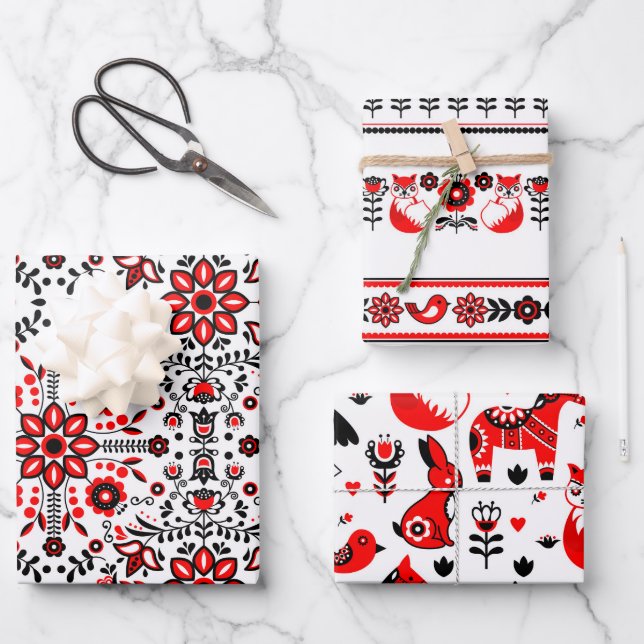 Hoja De Papel De Regalo Navidades Nórdico Escandinavo Negro Sueco Rojo (Anverso)